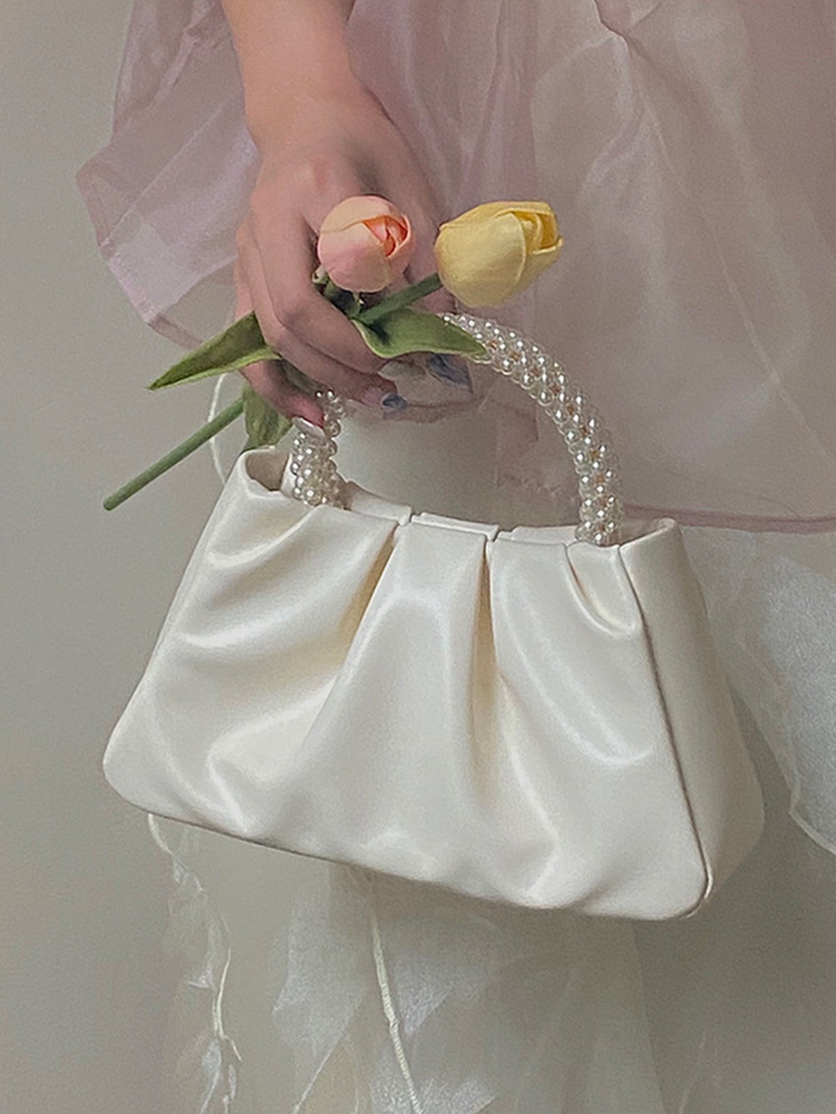Elegant Imitation Pearl Handbag Ruched Crossbody Bag