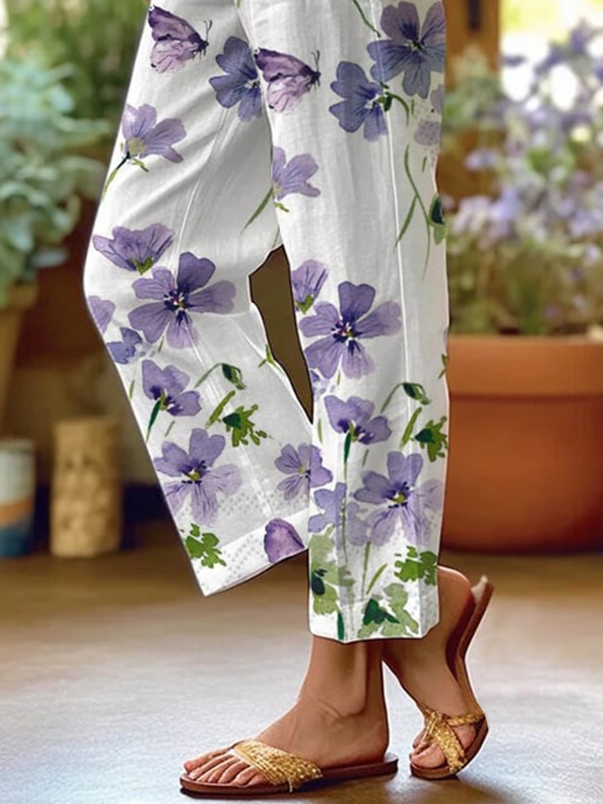 Loose Casual Floral Pocket Stitching Pants