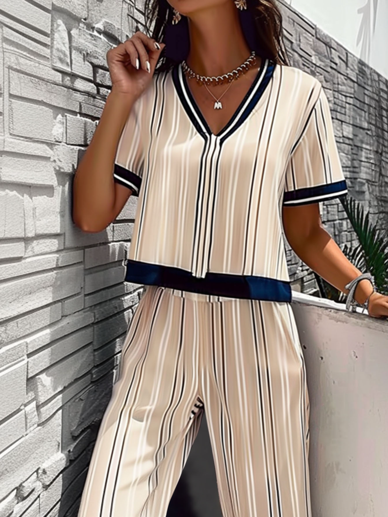 Casual V Neck Cotton Regular Fit Two-Piece Set