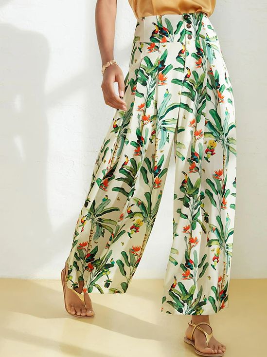 Buckle Loose Casual Floral Pants