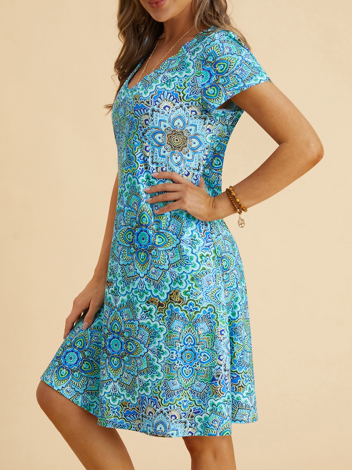 Women's A Line Dress Midi Dress Blue Half Sleeve paisley Print Spring Summer V Neck Casual Modern
