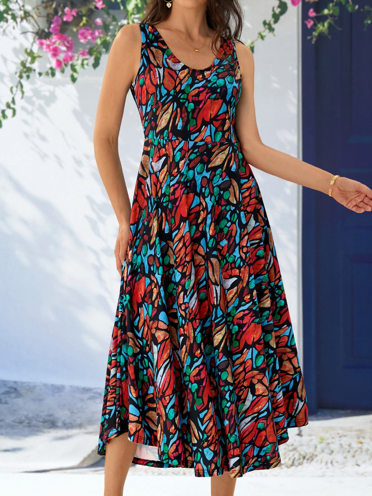 Ditsy Floral Geometric Vacation Loose V Neck Dress