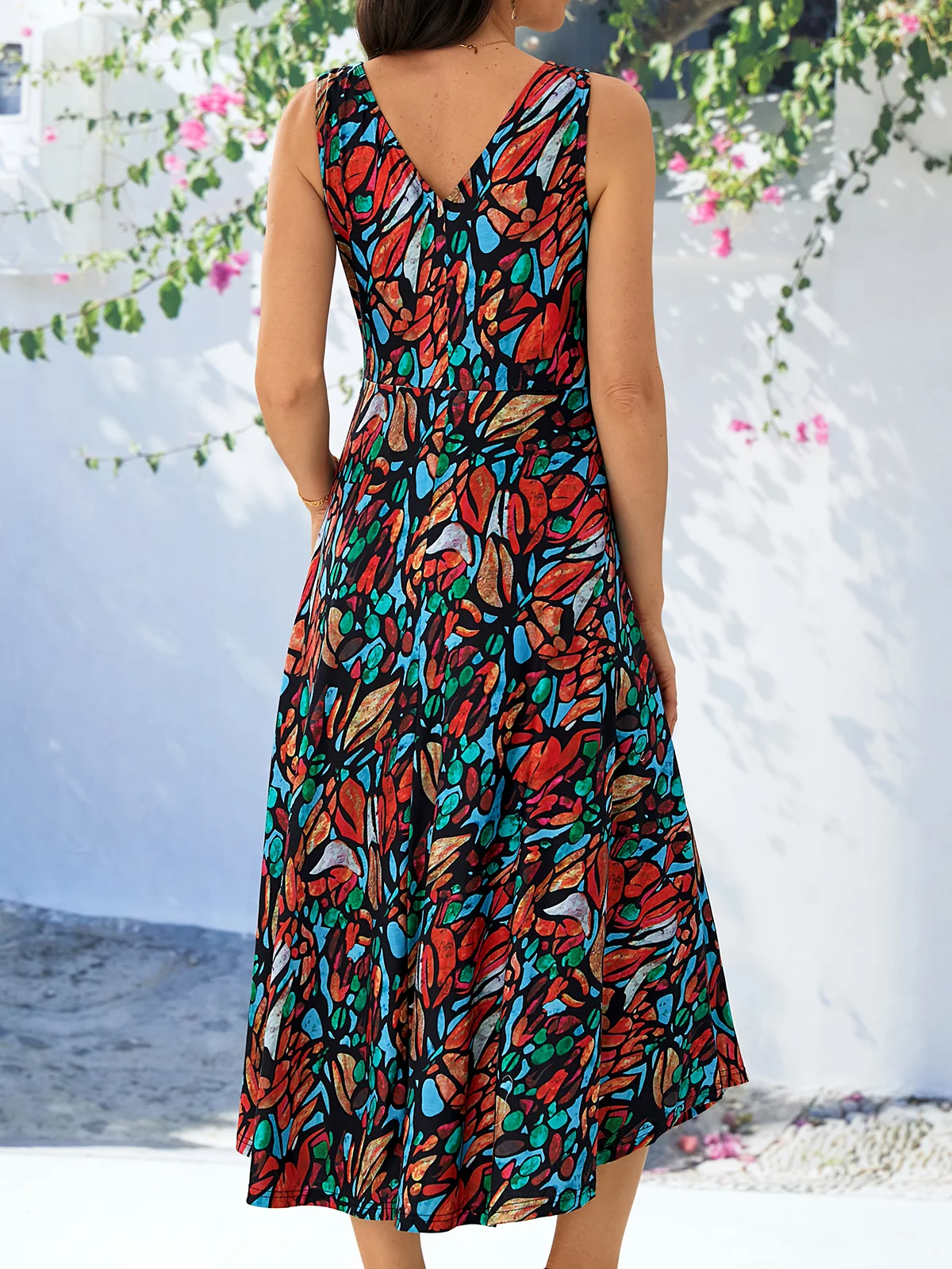Ditsy Floral Geometric Vacation Loose V Neck Dress