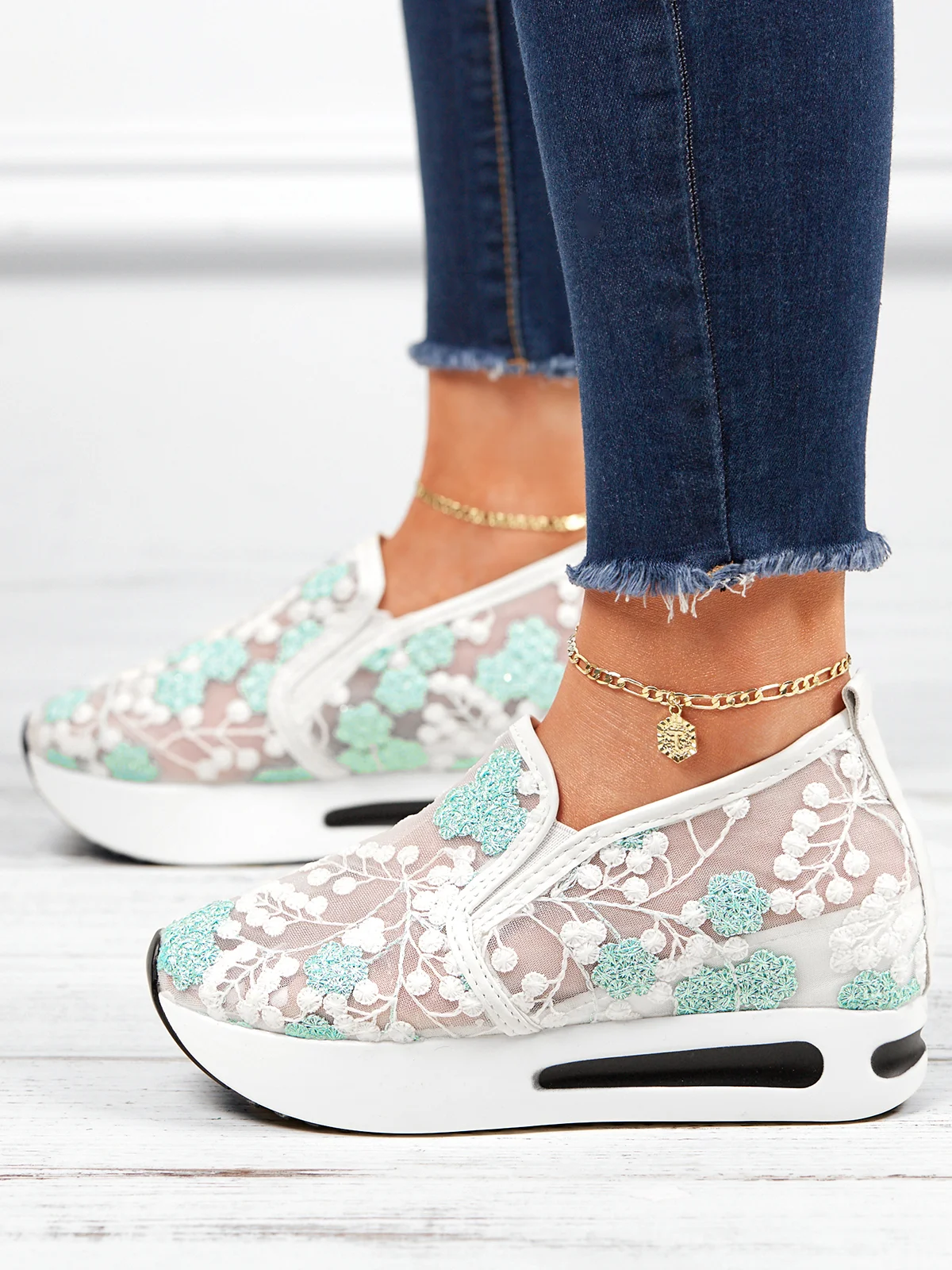 Floral Embroidery Breathable Platform Loafer Sheer Mesh Sneakers Hollow Out Tulle Comfortable Slip-On 