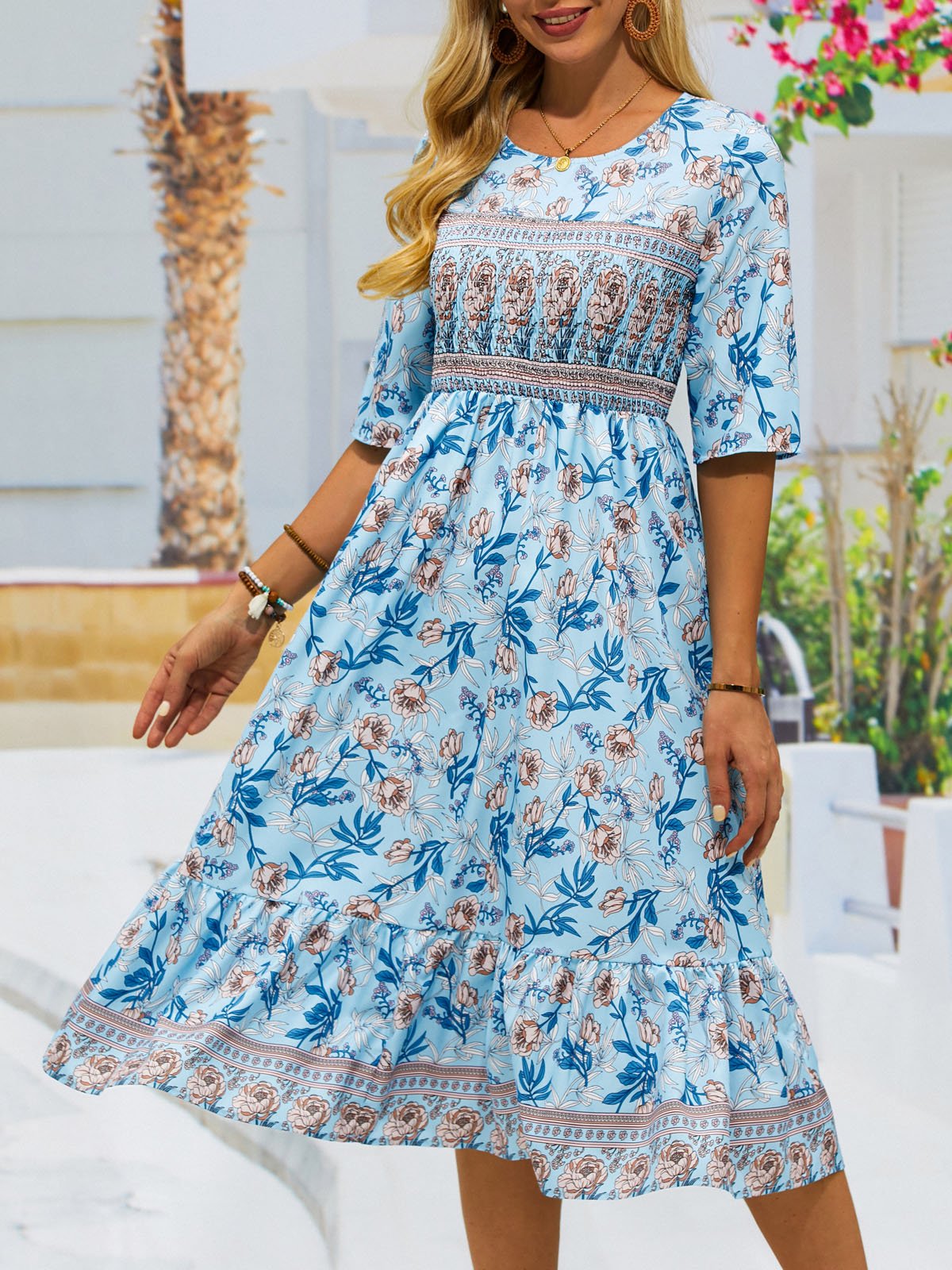 Vacation Short Sleeve Crew Neck Disty Floral Loose Midi Dress