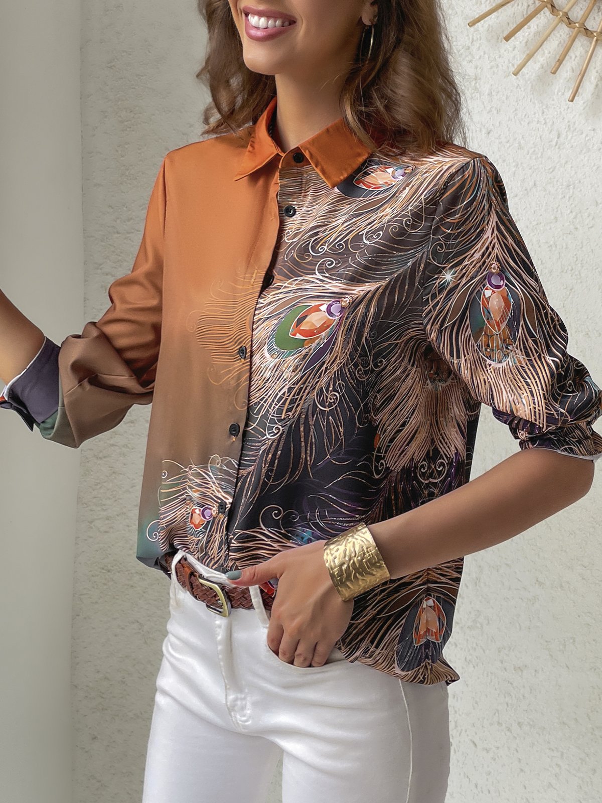 Casual Shirt Collar Feather Pattern Blouse justfashionnow