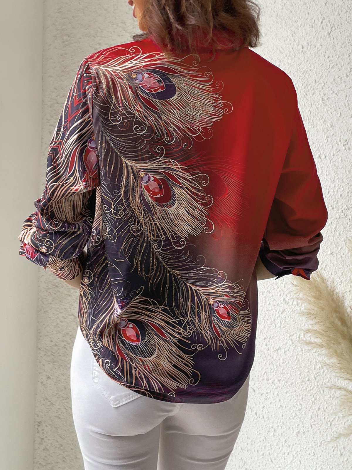 Casual Shirt Collar Feather Pattern Blouse justfashionnow