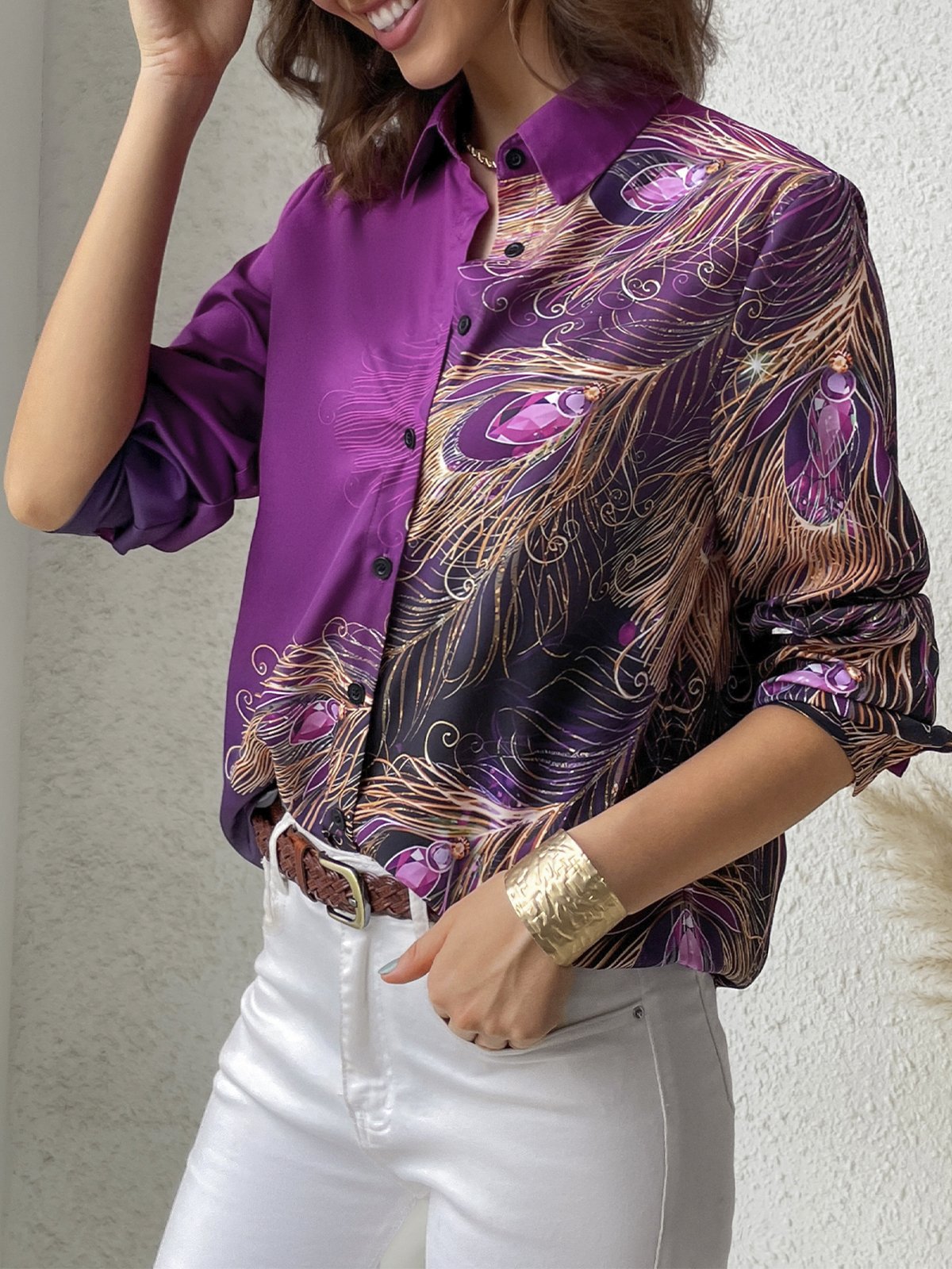 Casual Shirt Collar Feather Pattern Blouse justfashionnow