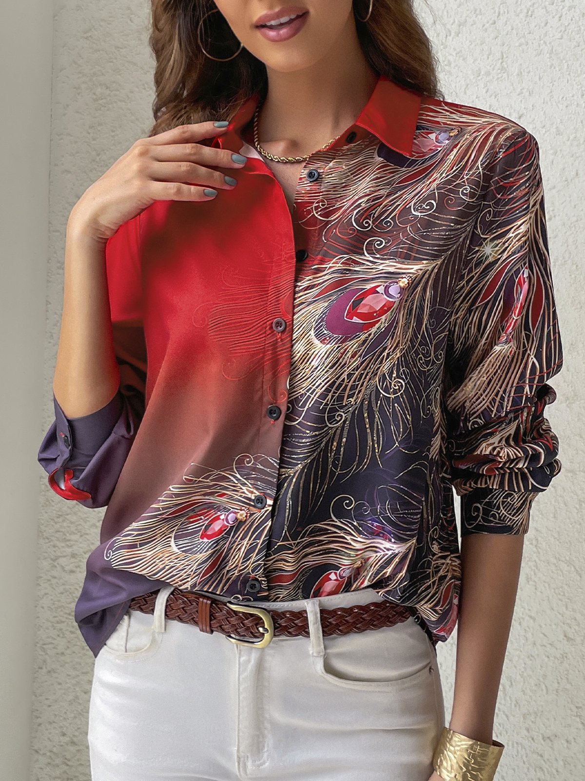 Casual Shirt Collar Feather Pattern Blouse justfashionnow