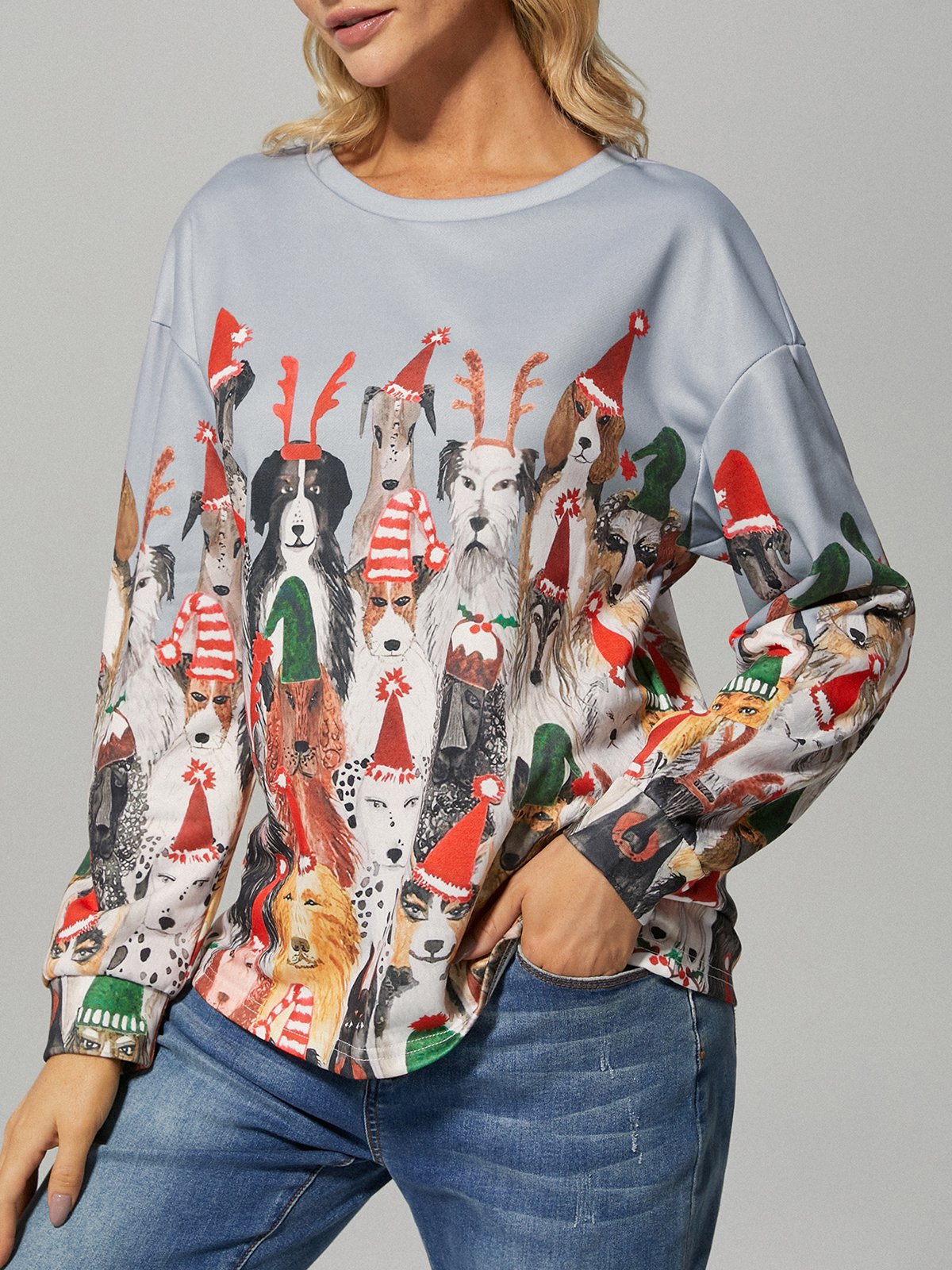 Loose Casual Dog Christmas Crew Neck Sweatshirt justfashionnow