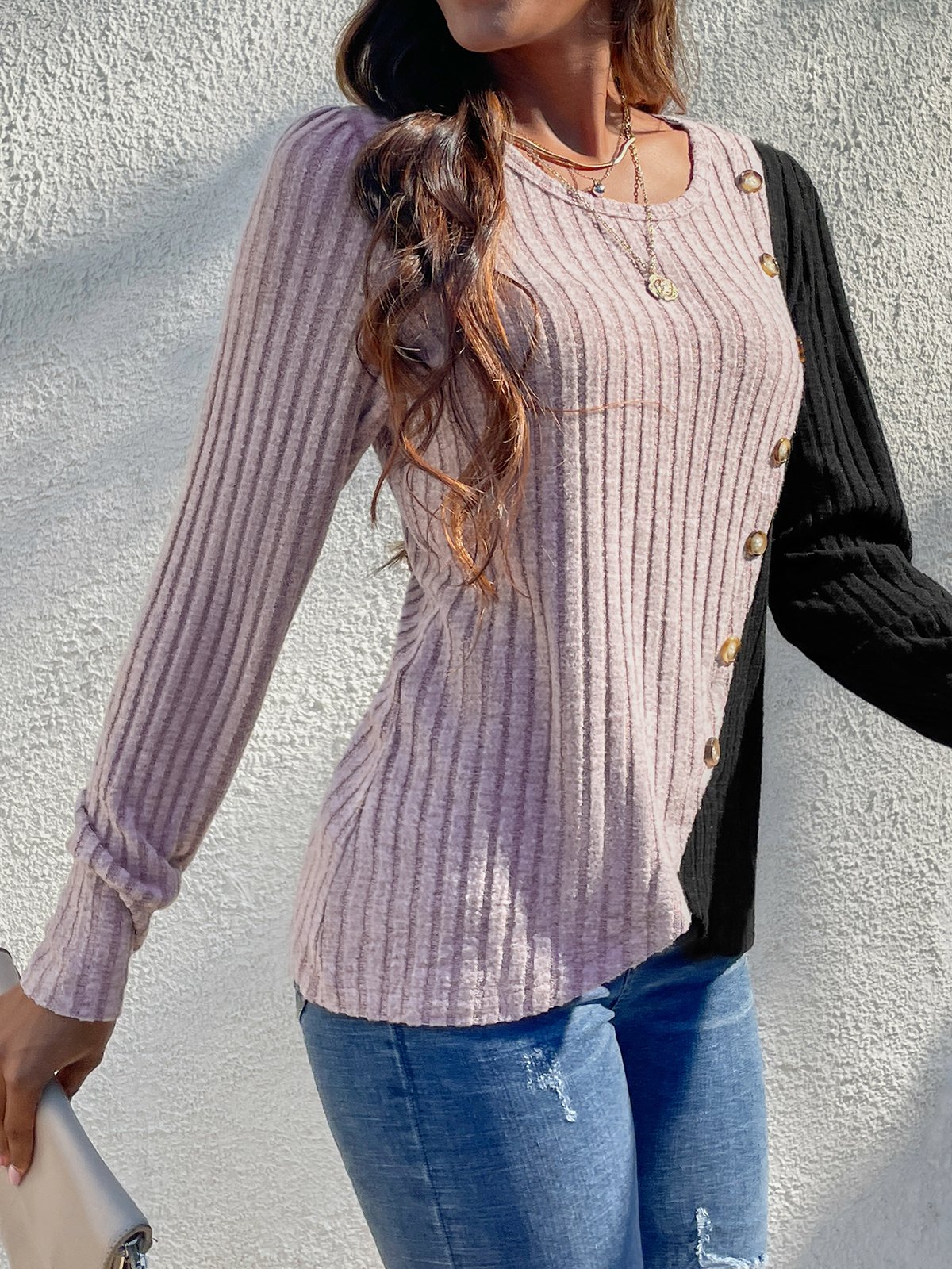 Crew Neck Color Block Casual Loose Blouse