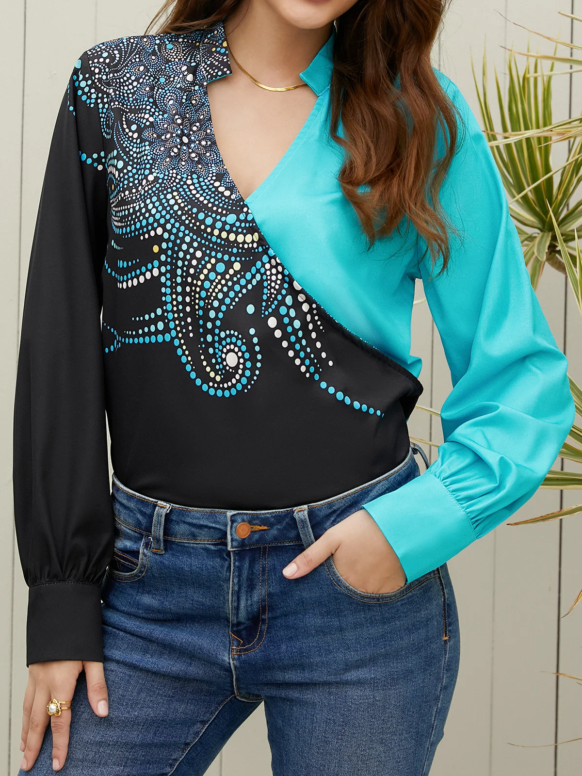 Loose Stand Collar Casual Abstract Blouse