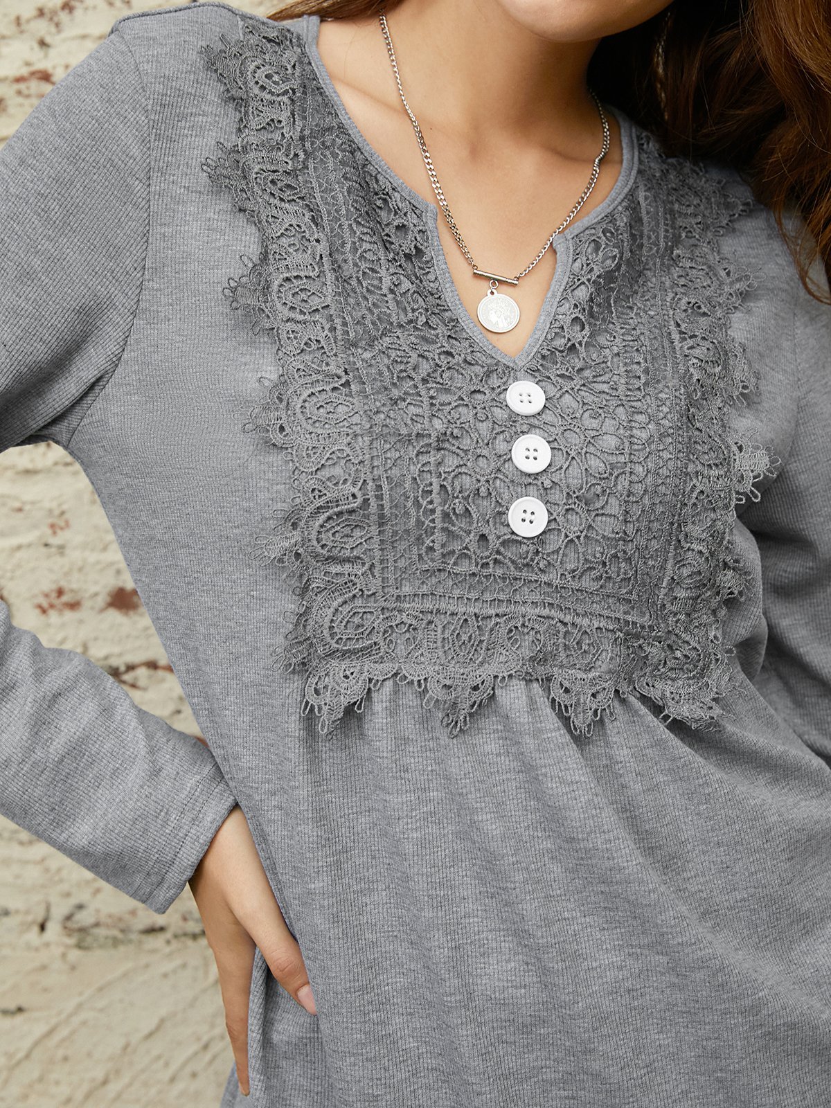 Lace Notched Casual Loose Ruched Blouse