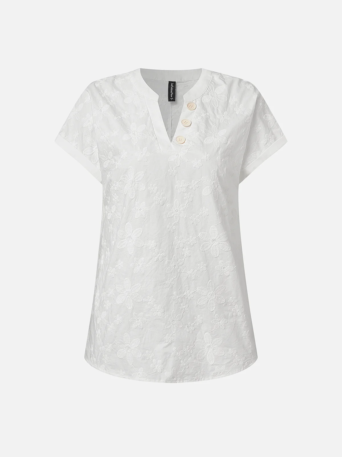 JFN V Neck Embroidery Simple Cotton Plain Loose Blouse