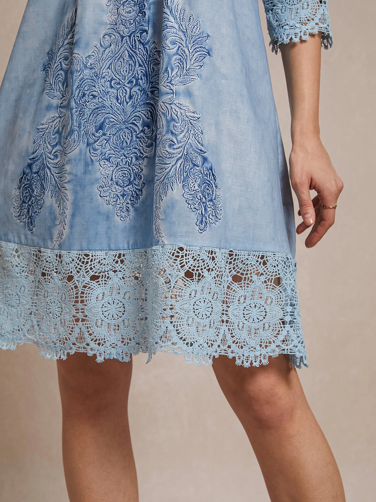 V Neck Casual Jersey Lace Edge Dress