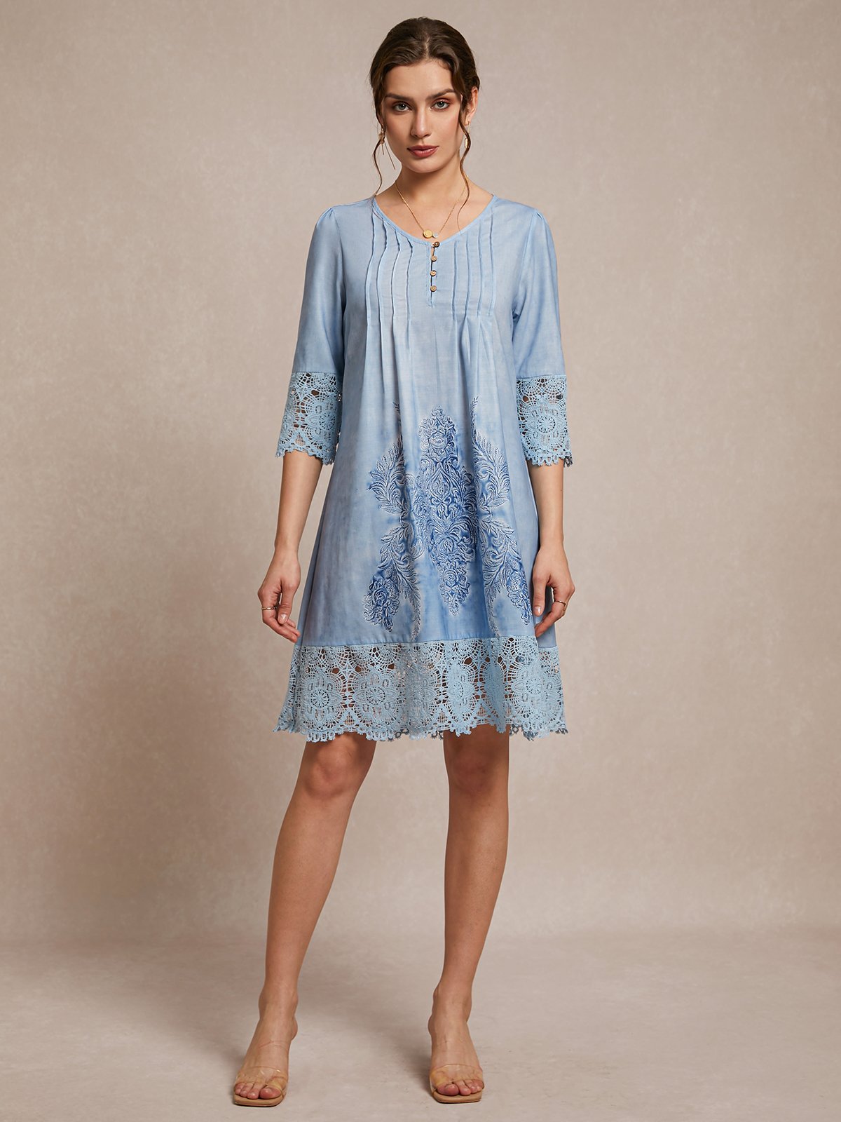 V Neck Casual Jersey Lace Edge Dress
