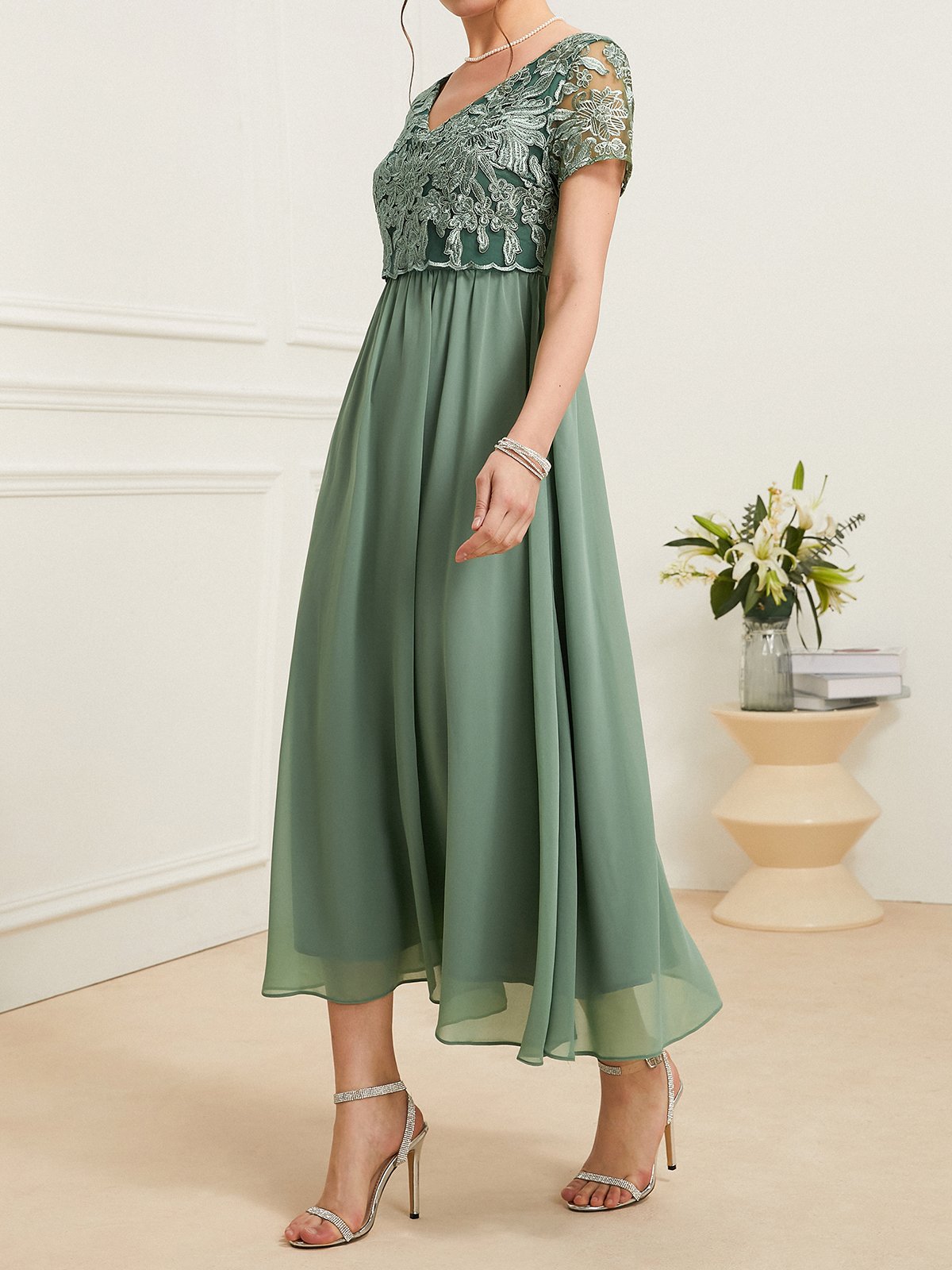 Women's Short Sleeve Summer Plain Lace Chiffon V Neck Tea Party Wedding ...