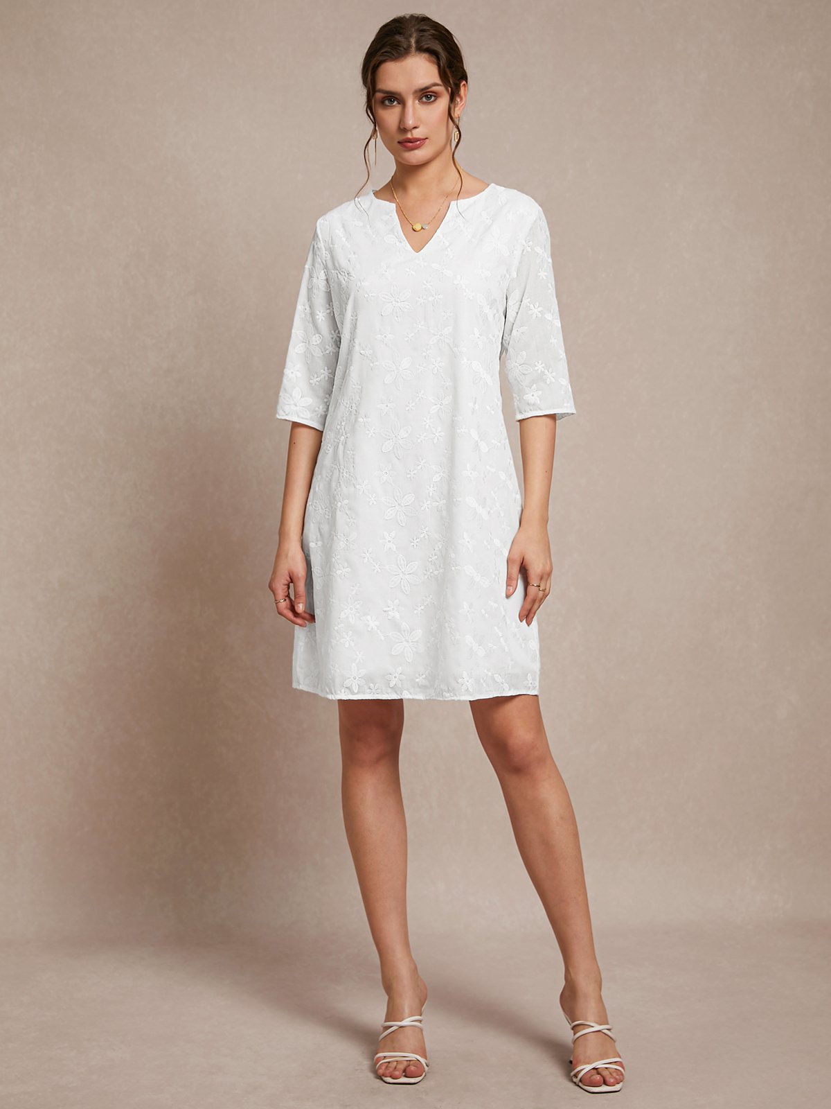 JFN Plain Cotton-blend V Neck Dress