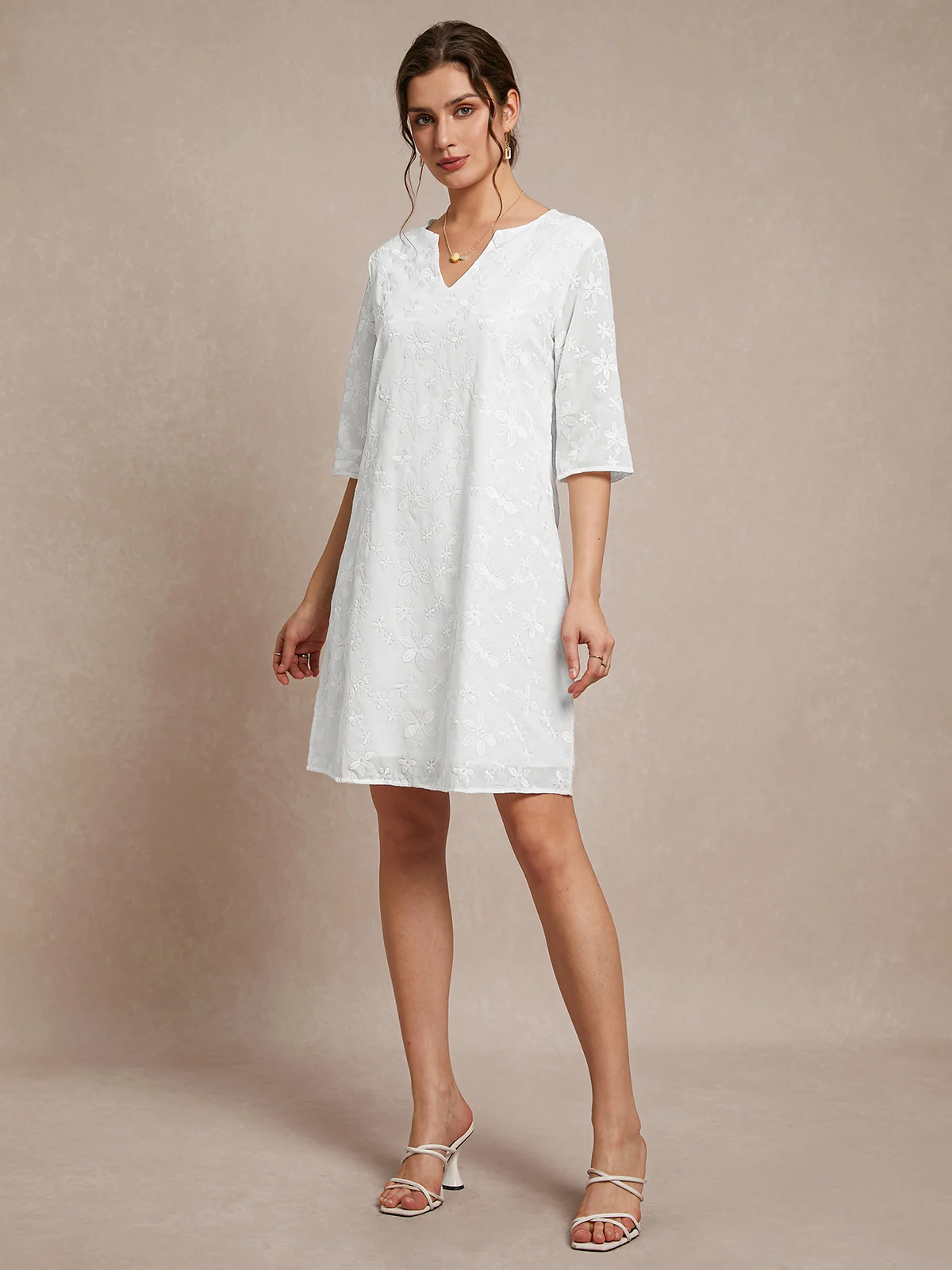 JFN Plain Cotton-blend V Neck Dress