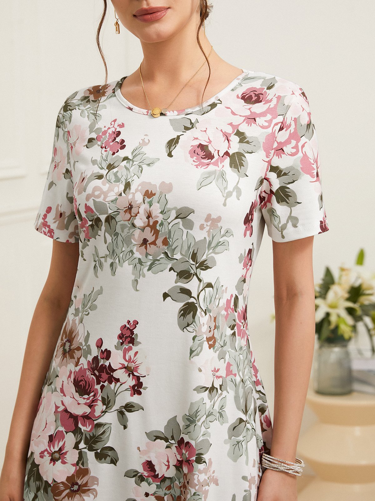 Crew Neck Elegant Floral Loose Garden Party Midi Dress