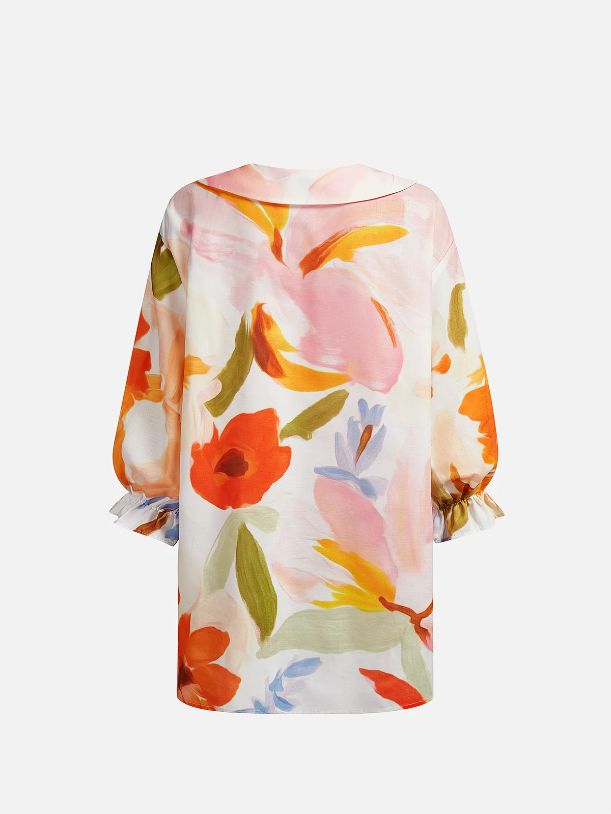 JFN Floral Painting Lantern Sleeve Shawl Collar Casual Buttoned 3/4 Sleeve Shirt