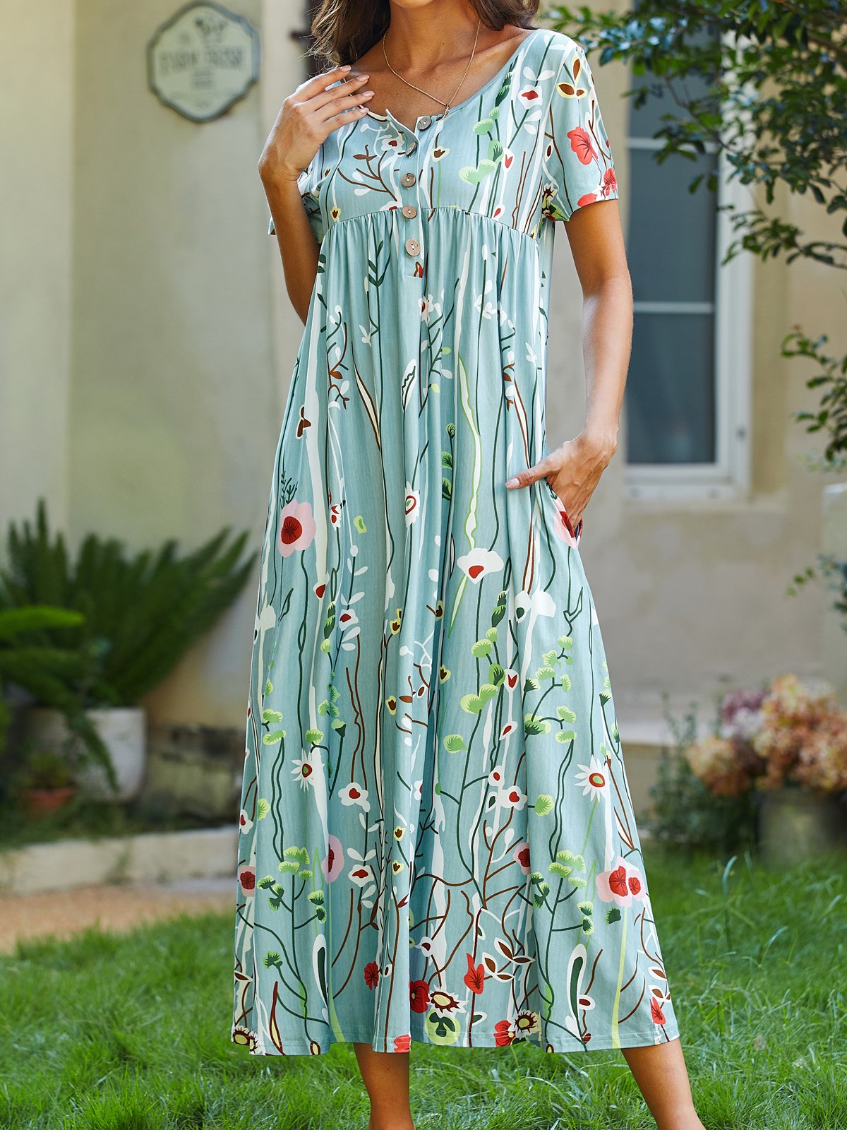 Women's A Line Dress Mixi Dress Light Blue Half Sleeve Floral Ruched Print Spring Summer v Neck Casual Modern