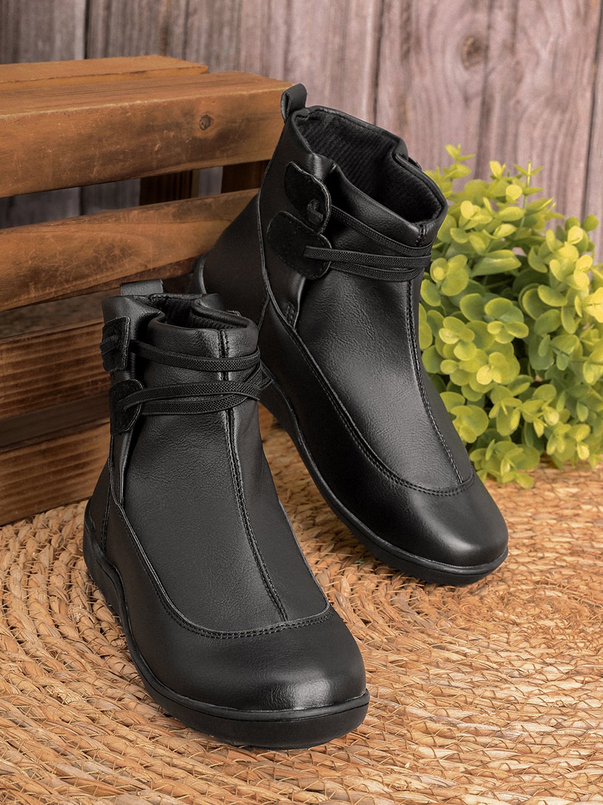 JFN Women Christmas Vintage West Styles Braided Strap Flat Heel Winter Classic Boots