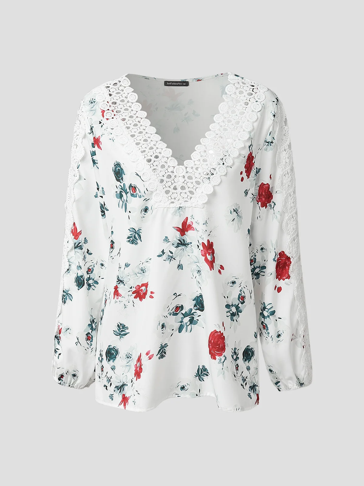 Women Floral Print Lace Patchwork Long Sleeve V Neck Holiday Blouse