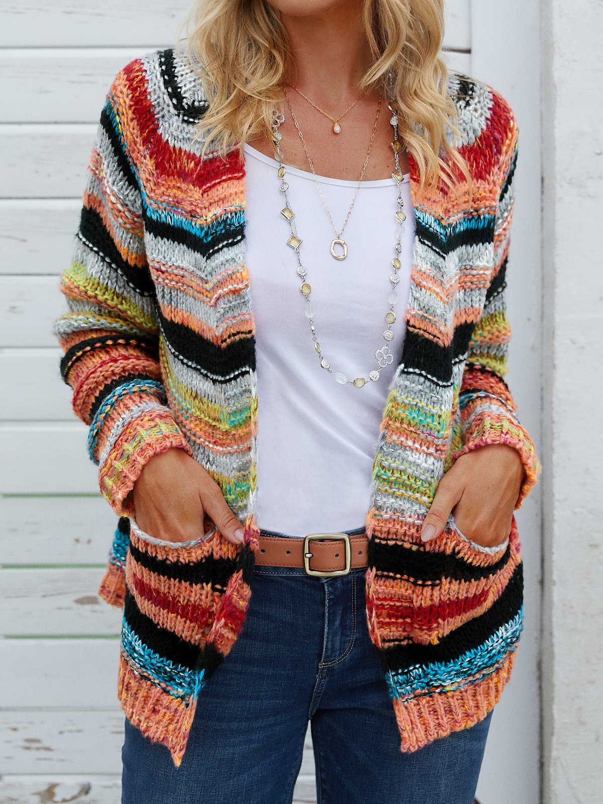 Women's Rainbow Striped Sweater Pocket Design Knit Cardigan ...