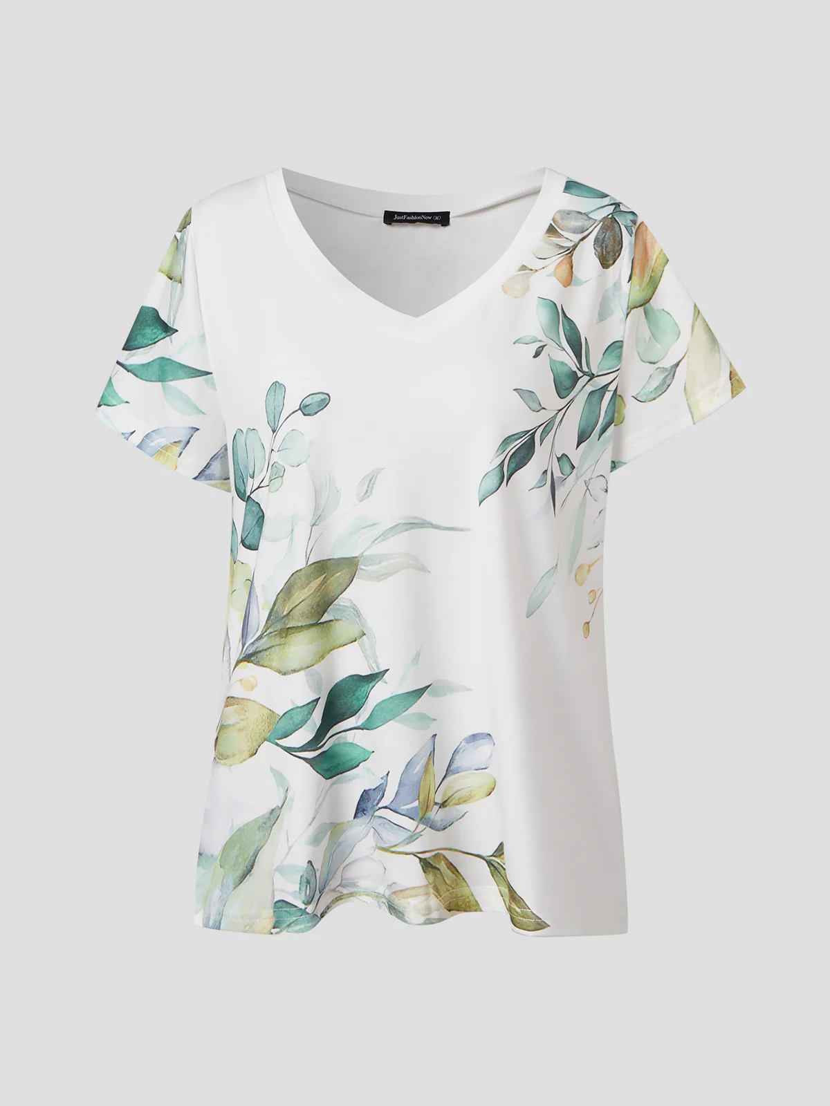 JFN V Neck Floral Leaves Casual Resort Loose Knit T-Shirt/Tee