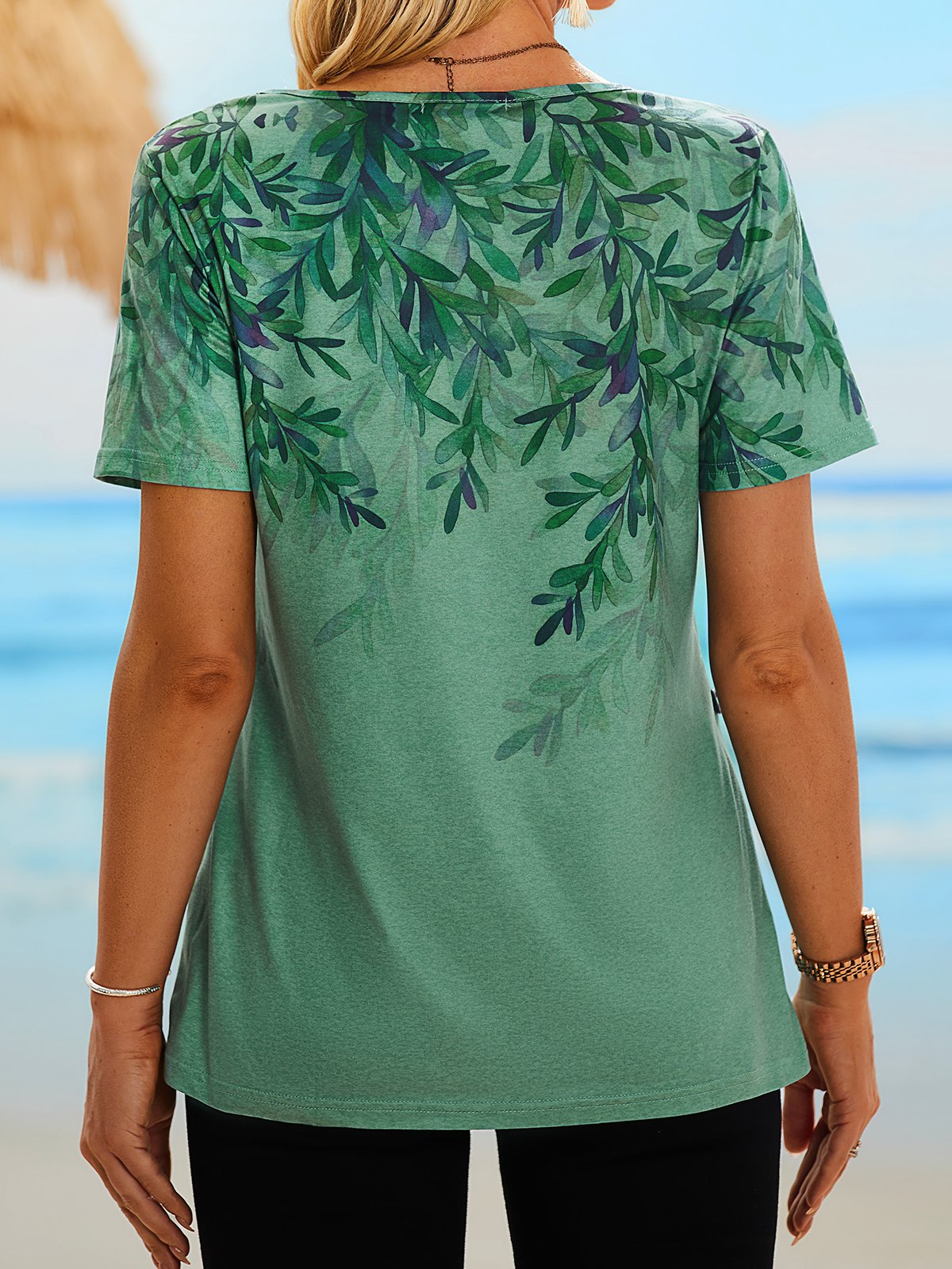 JFN Women Round Neck Short Sleeve Leaf Print Buttoned Holiday Tunic T ...