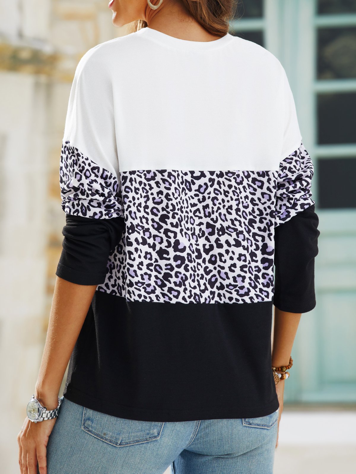 Women Leopard Color Block Casual Basic Long SleeveT-Shirt