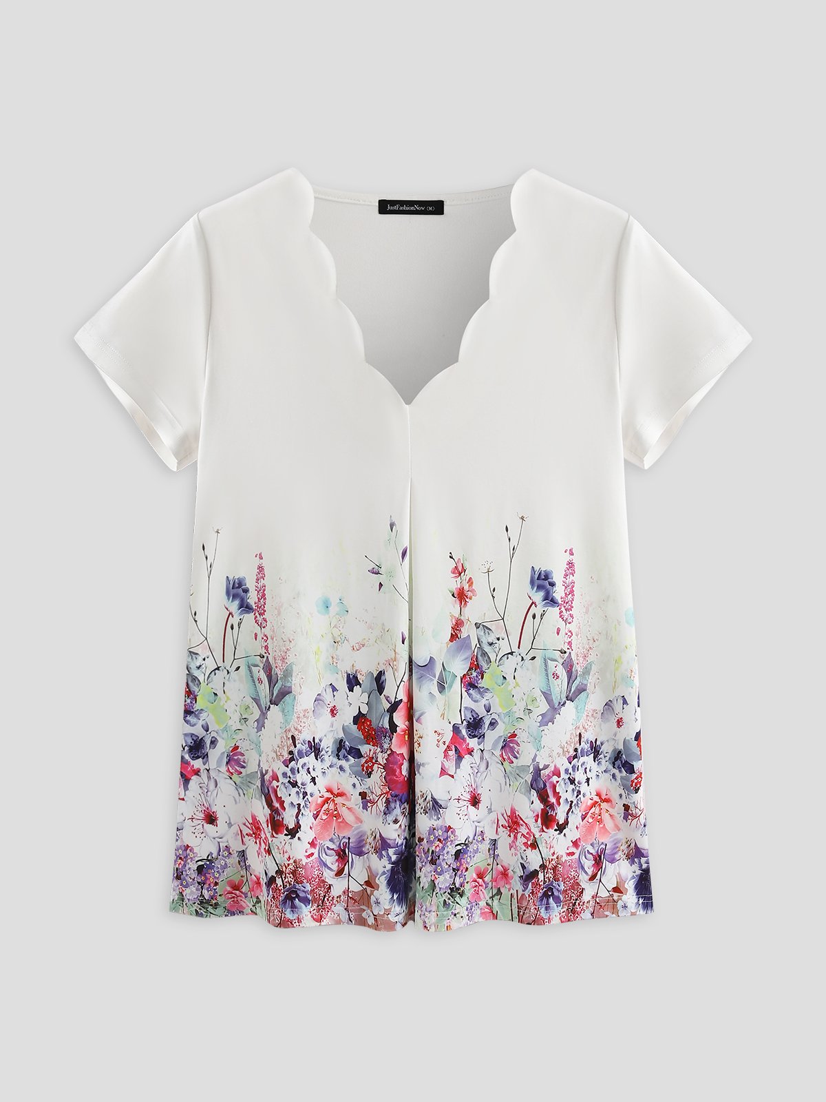 JFN Scallop V Neck Floral Casual T-Shirt/Tee