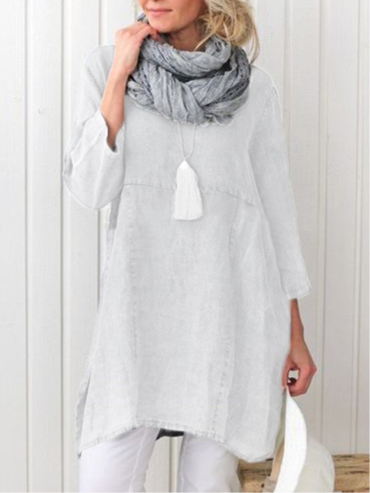 Casual Plain Long Sleeve Linen Dress