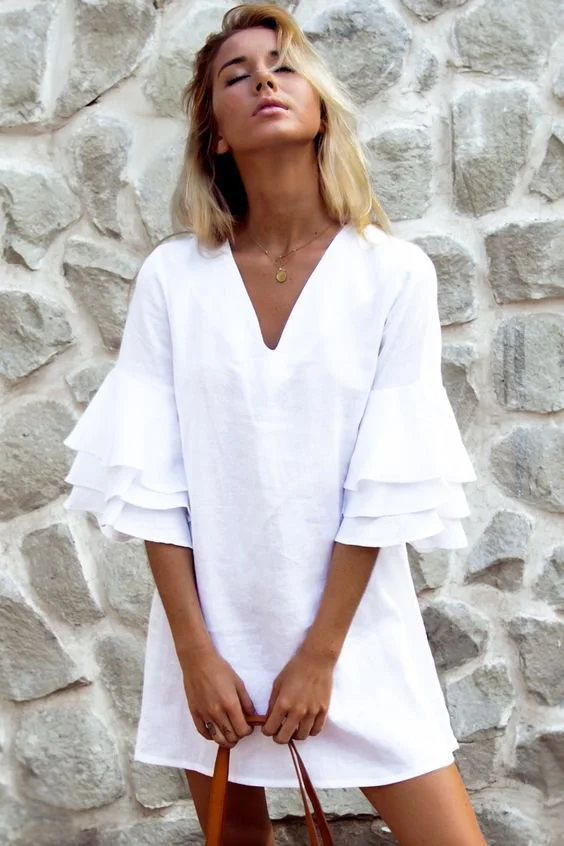 White Solid Half Sleeve Weaving Dress