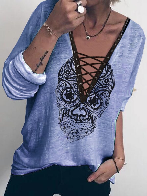 Women's Casual Long Sleeve V Neck Lace-up Top