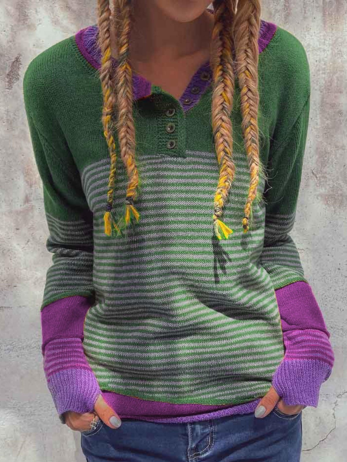 Striped Buttoned Color-block Knitted Top
