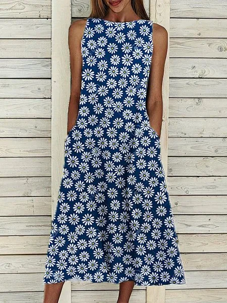 Floral Casual Crew Neck Sleeveless Knitting Dress