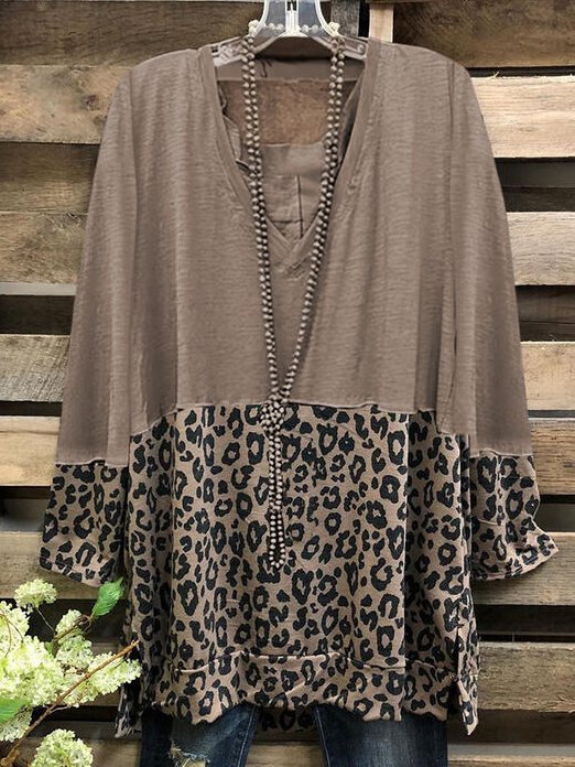 Color Block Leopard V-Neck Long Sleeves Casual Blouses