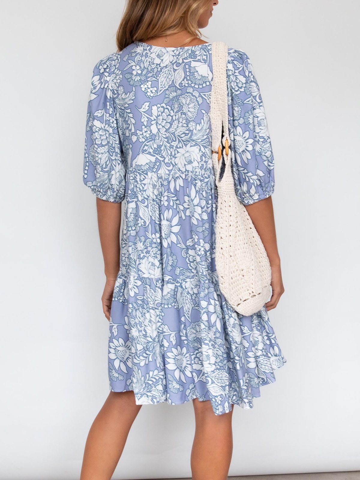JFN Boho Cotton-Blend Floral Short Sleeve Weaving Smock Dress