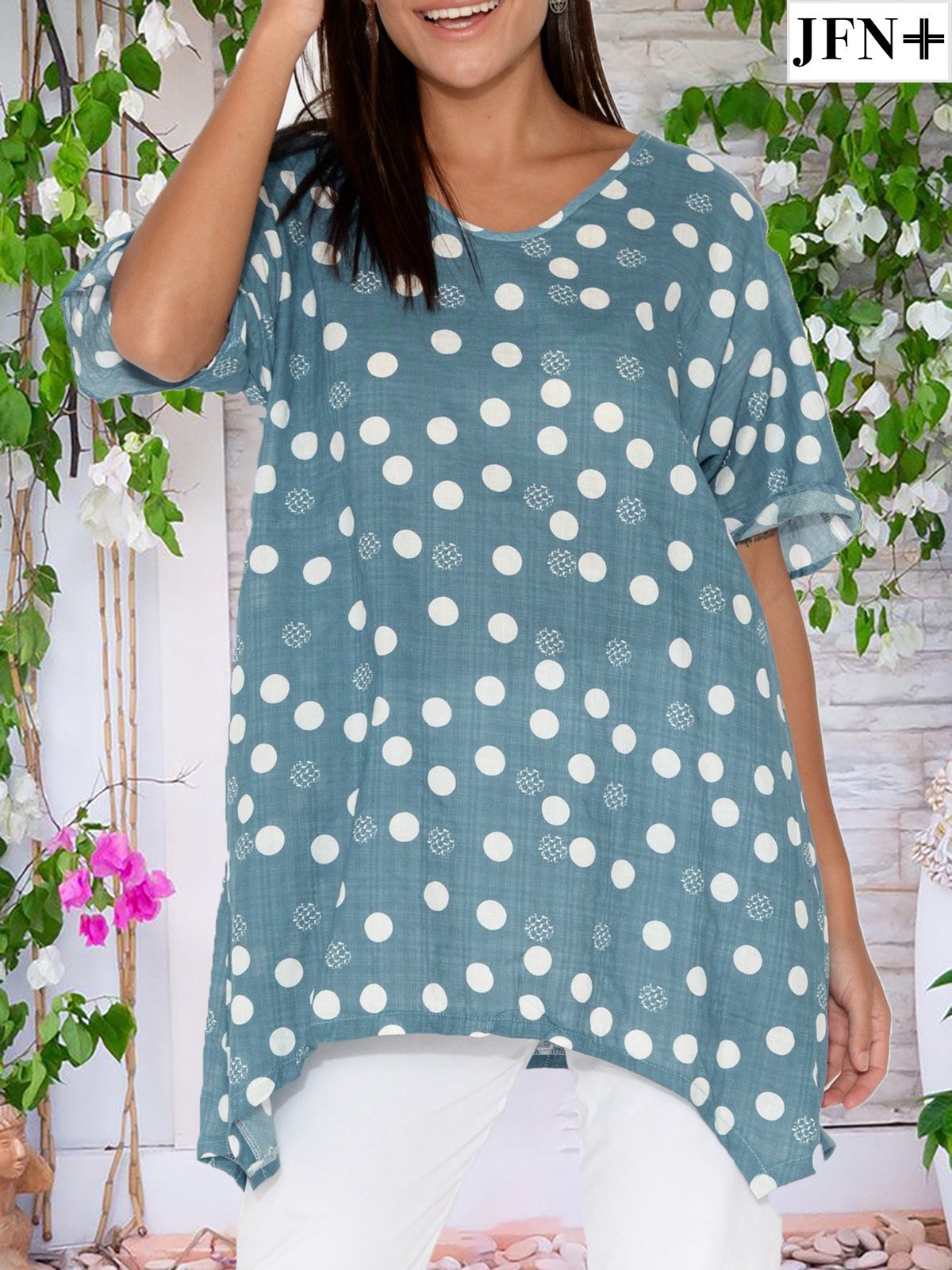 Blue White Polka Dots Printed Casual Short Sleeve Curved Hemline T-Blouses & Tops