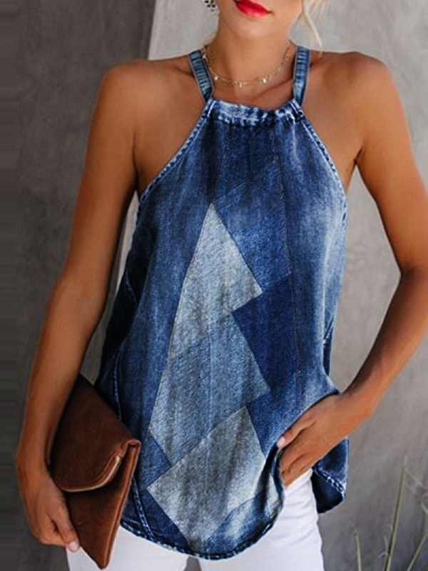 Denim Plain Sleeveless Halter Neck Tank