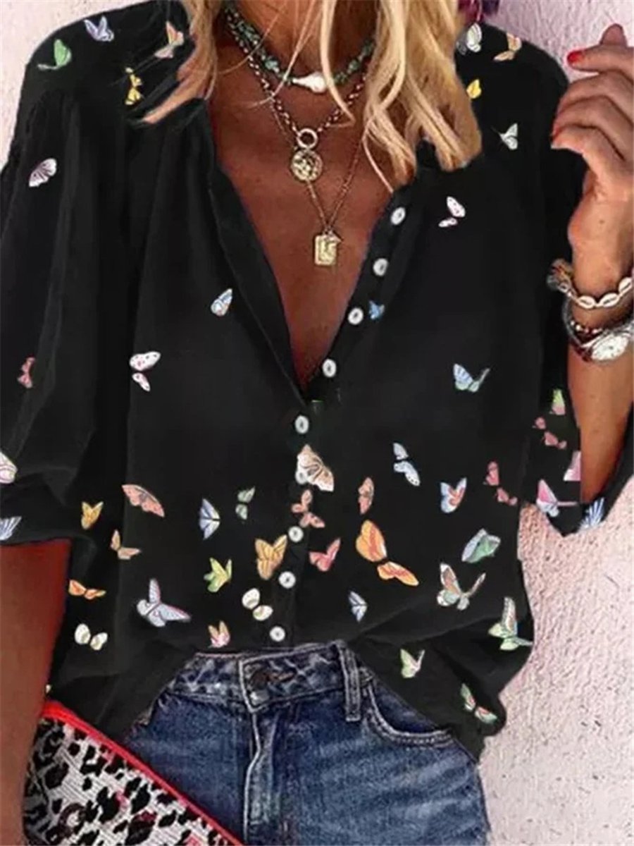 Women's Butterfly Long Sleeve Shirt Spring/Fall Shirt Collar Vacation Casual Top