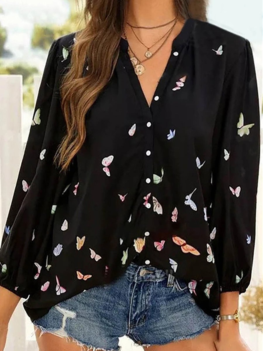 Women's Butterfly Long Sleeve Shirt Spring/Fall Shirt Collar Vacation Casual Top