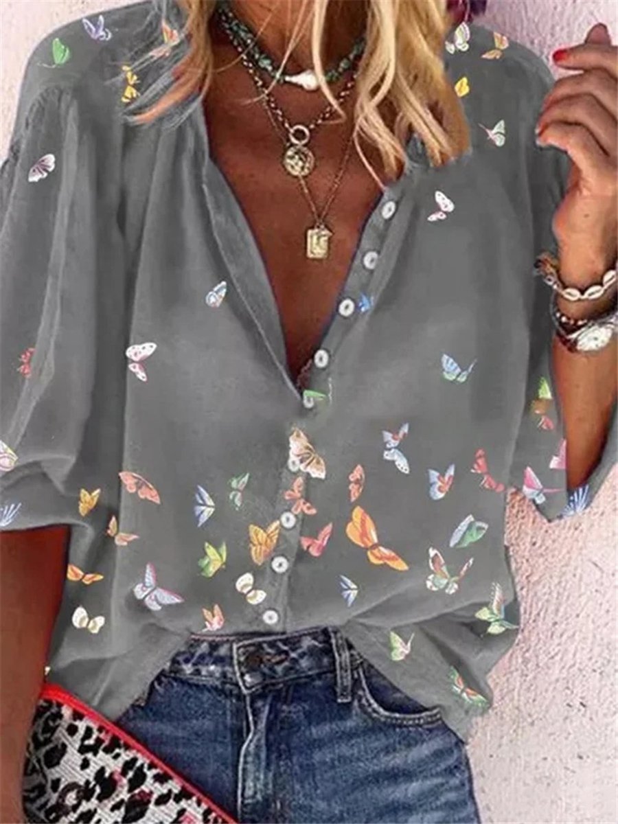 Women's Butterfly Long Sleeve Shirt Spring/Fall Shirt Collar Vacation Casual Top