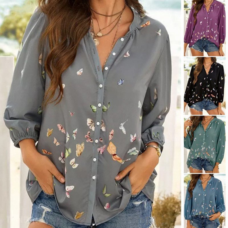 Women's Butterfly Long Sleeve Shirt Spring/Fall Shirt Collar Vacation Casual Top