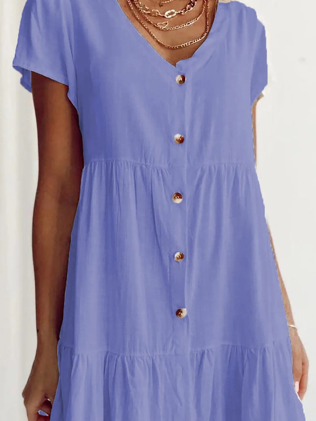 Solid Short Sleeve Casual Ruffled V-Neck Mini Weaving Dress