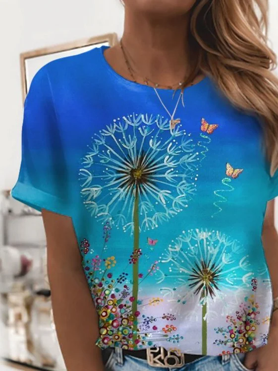 Casual Dandelion Butterfly Printed Short Sleeve T-shirt