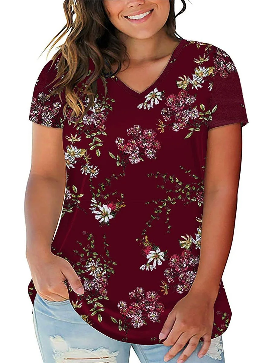 Women's Plus Size L-6XL Floral Tops V Neck T-Blouses Short Sleeve Casual Tees