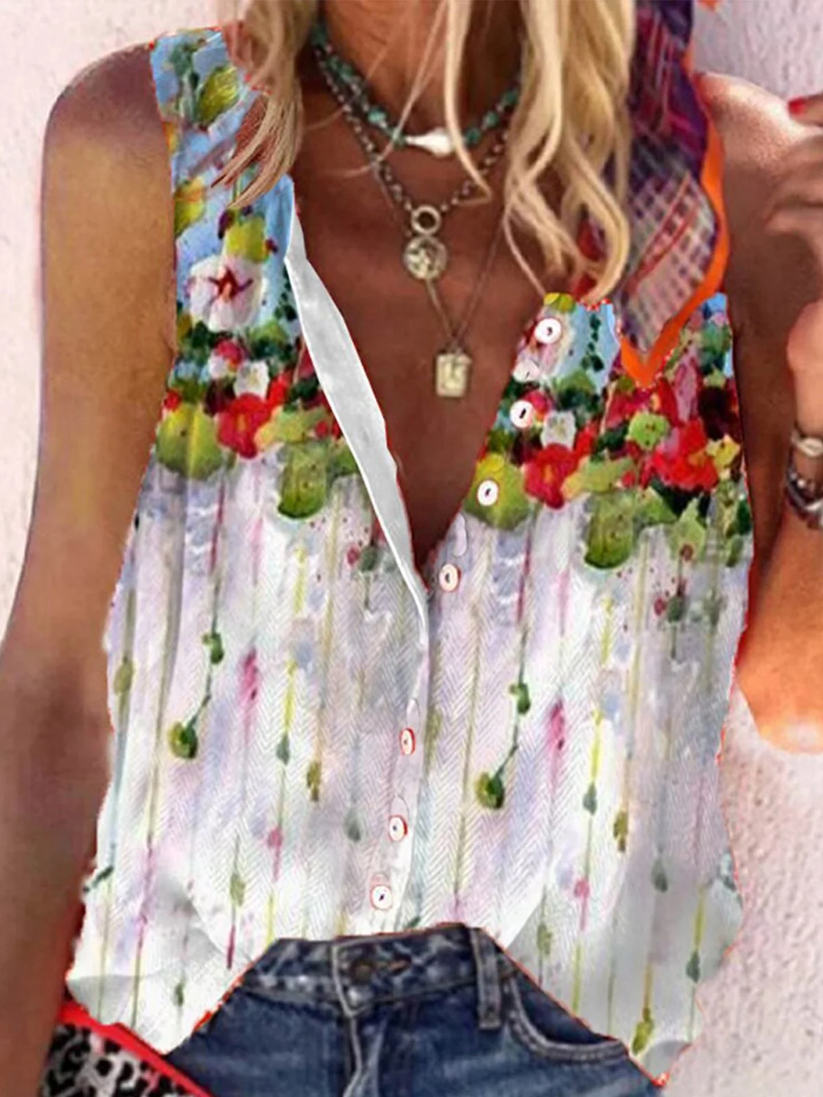 Casual Sleeveless Floral-Print Blouse